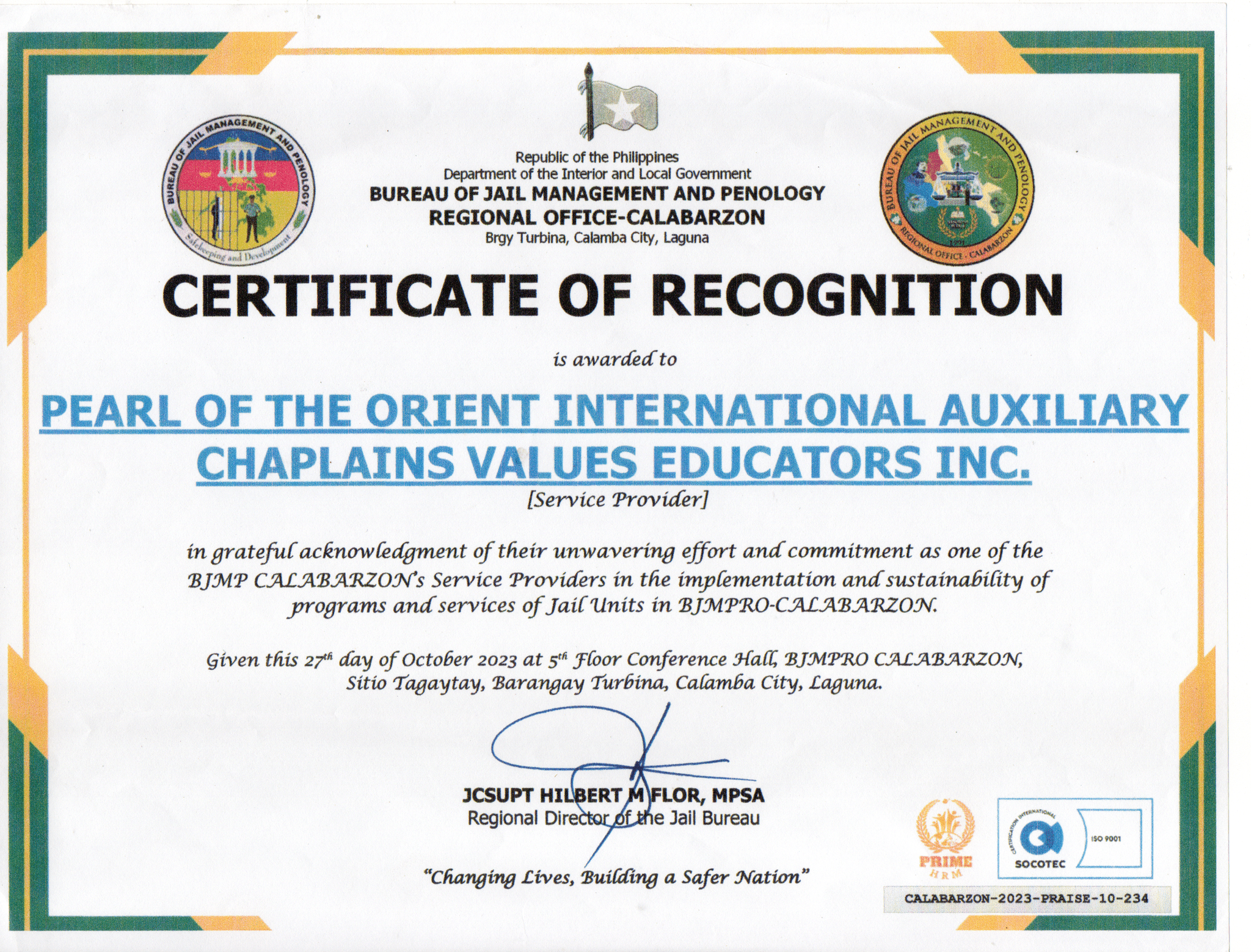 Pearl of the Orient certificate of recognition