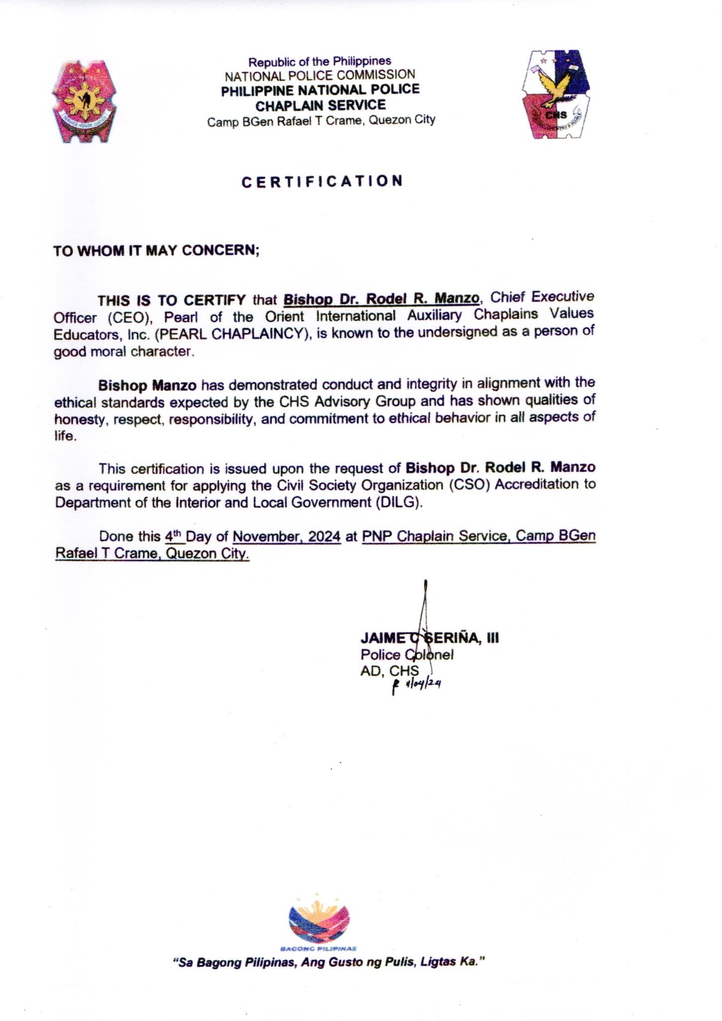 Pearl of the Orient recognition document