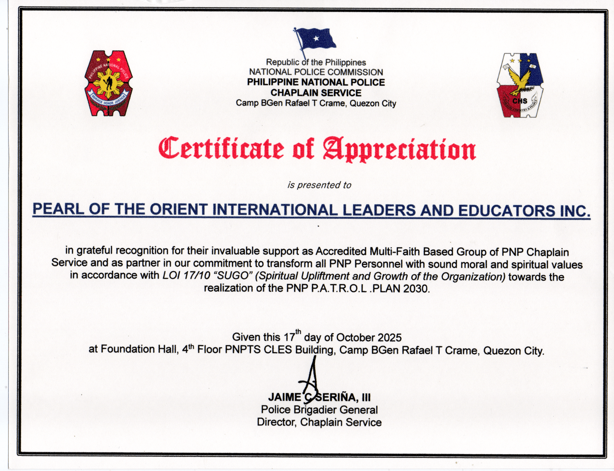 Pearl of the Orient certificate and recognition
