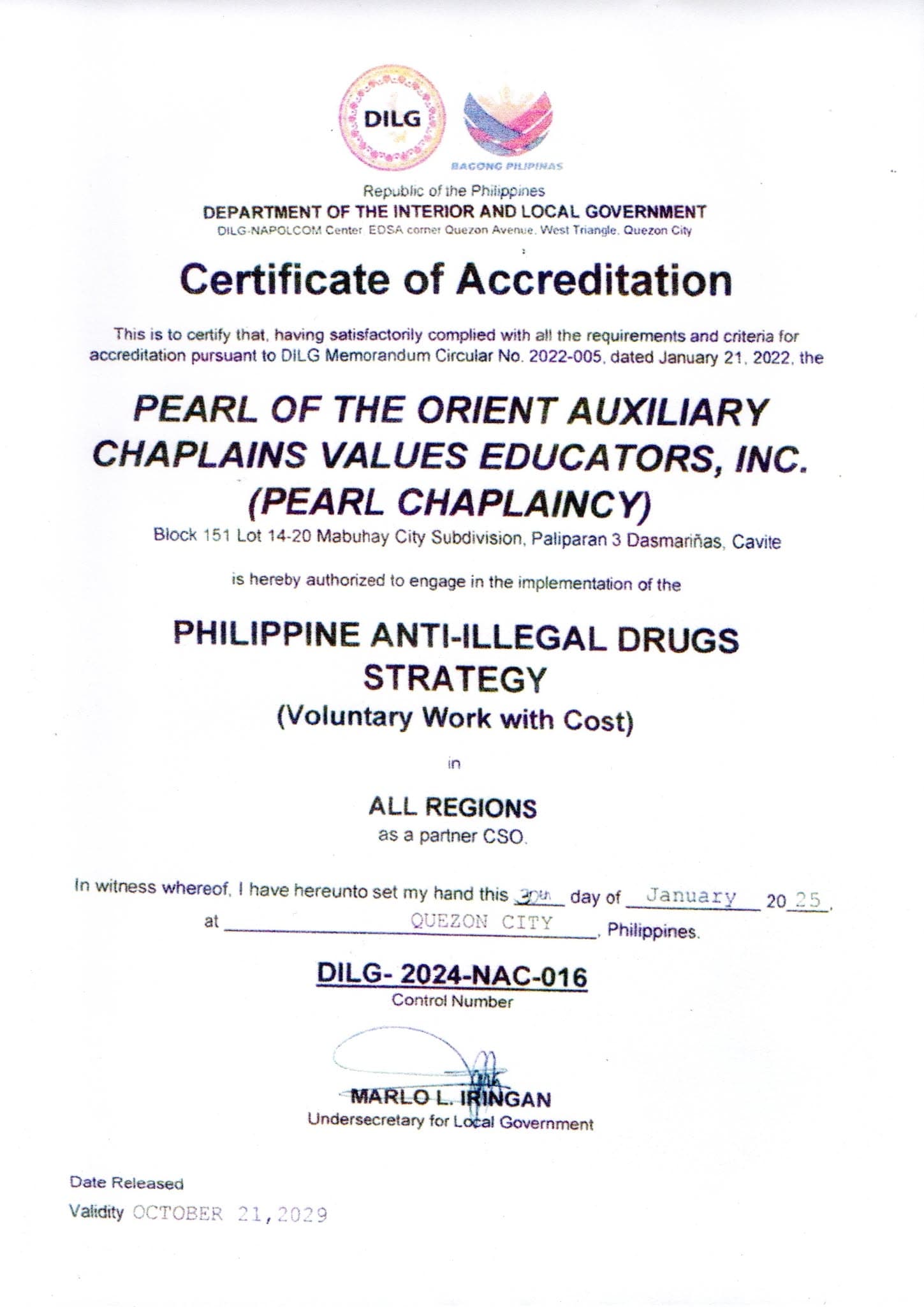Pearl of the Orient certificate of accreditation